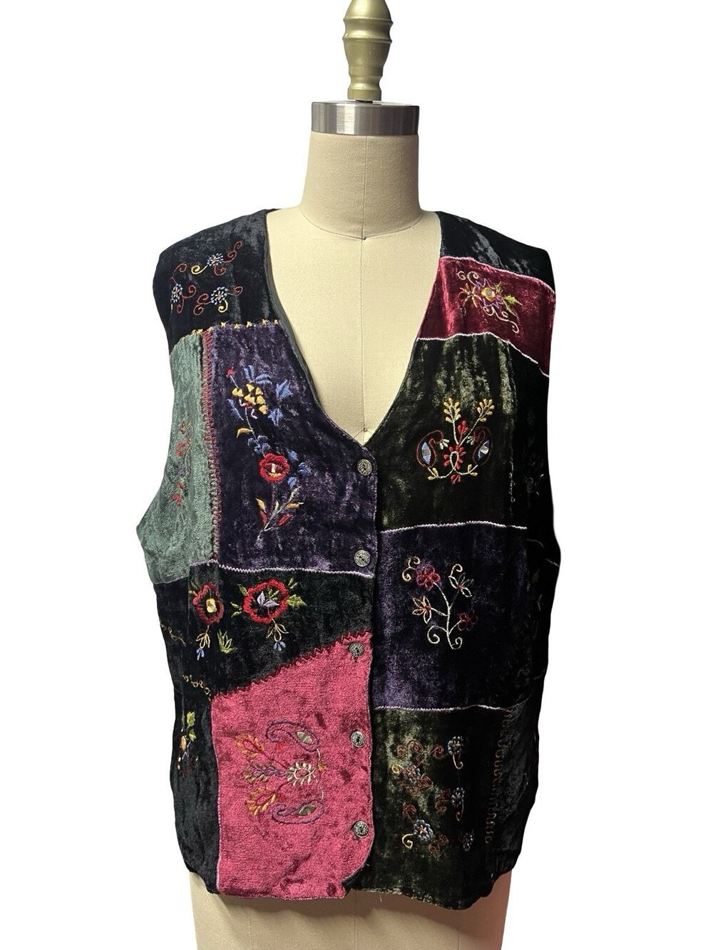 Vtg XL Multicolor Velvet Patchwork Embroidered Whimsigoth Button Front Vest Boho